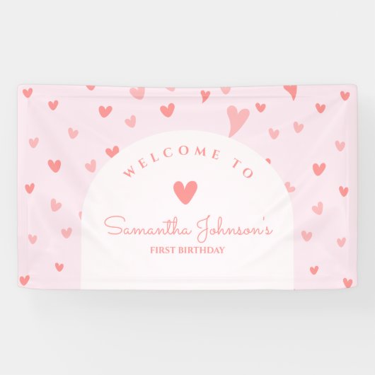 Little Sweetheart Pink Peach Hearts 1e verjaardag Spandoek (Horizontaal)