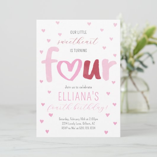 Little Sweetheart Roze Rode Harten 4e Verjaardag Kaart (Staand voorkant)
