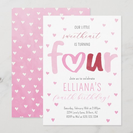 Little Sweetheart Roze Rode Harten 4e Verjaardag Kaart (Voorkant / Achterkant)
