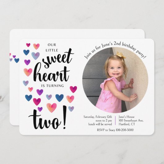 Little Sweetheart Tweede Verjaardag Uitnodiging (Voorkant / Achterkant)