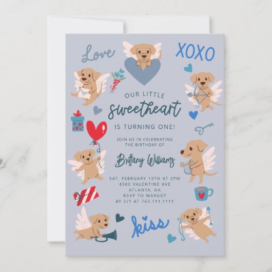 Little Sweetheart Valentijn Puppy Verjaardag Blauw Kaart (Voorkant)