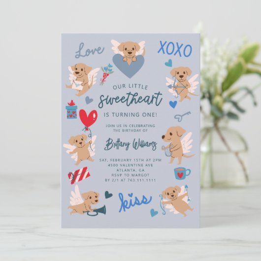 Little Sweetheart Valentijn Puppy Verjaardag Blauw Kaart (Staand voorkant)