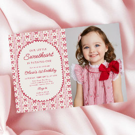 Little Sweetheart Valentine Bow 1st Birthday Photo Kaart