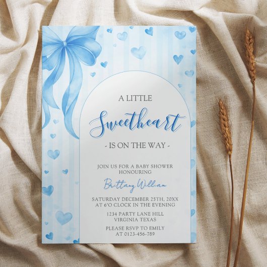 Little Sweetheart Valentines Blue Bow Baby Shower  Kaart
