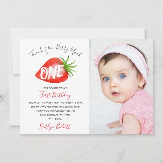 Little Sweetie Aardbei 1e Verjaardag Foto Bedankkaart (Voorkant)