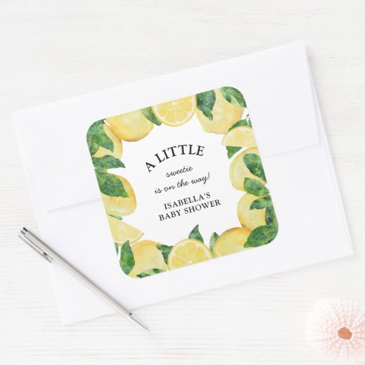 Little Sweetie Lemon Baby shower Vierkante Sticker (Envelop)
