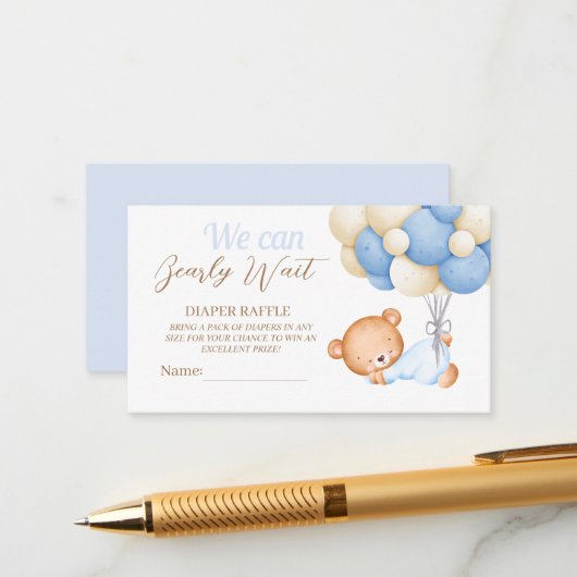 Little Teddy Balloon Baby Boy Douche Luier Raffle Informatiekaartje (Voorkant / Achterkant in situ)