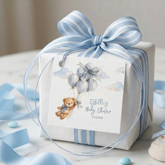 Little Teddy Bear Blue Balloons Clouds Baby Boy Bedankjes Labels
