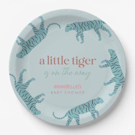 Little Tiger Modern Blue Boy Baby shower Papieren Bordje (Voorkant)