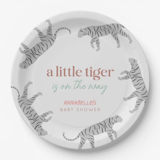 Little Tiger Modern Gray Baby Shower Papieren Bordje (Voorkant)