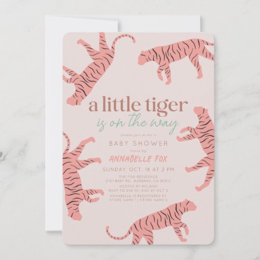 Little Tiger Modern Roze Meisje Baby shower Kaart (Voorkant)