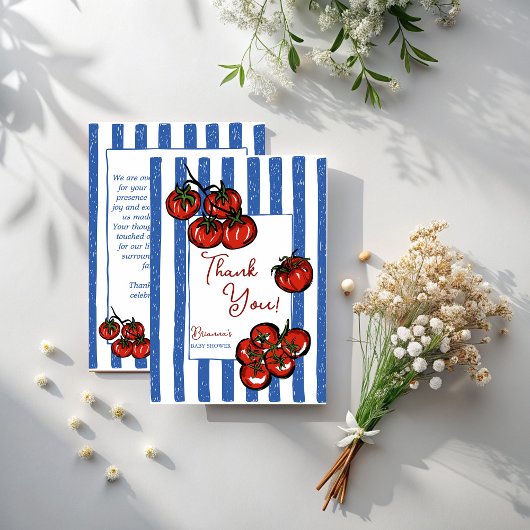 Little tomato blue stripes Italian baby shower Bedankkaart