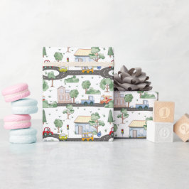 Little Town & Cars kleurrijk patroon Cadeaupapier