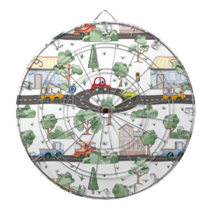 Little Town & Cars Kleurrijke Patroon Kinderen Dartbord
