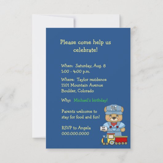 Little Train Engineer Teddy Bear Birthday Party Kaart (Achterkant)