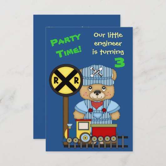Little Train Engineer Teddy Bear Birthday Party Kaart (Voorkant / Achterkant)
