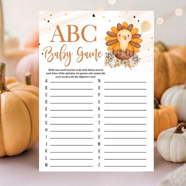 Little Turkey Baby shower Thanksgiving spel (Little Turkey baby shower Thanksgiving game with turkey artwork, warm autumn colors, and playful har)
