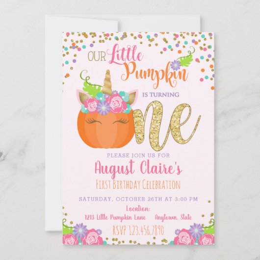 Little Unicorn Pumpkin Herfst Birthday Invitation Kaart (Voorkant)