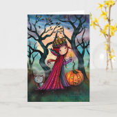 Little Vampire met grijze Tabby Cat Art Kaart (Gele Bloem)