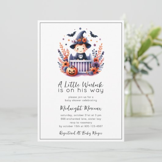 Little Warlock Halloween Baby shower Invitation Kaart (Staand voorkant)