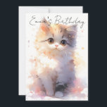 Little watercolor cat birthday kaart<br><div class="desc">In kawaii design to make your birthday uitnoations stand out and bring sparkles in your little one's eyes. With customizable balloons and cupcake.</div>