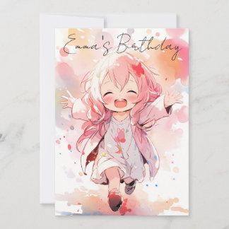 Little watercolor girl birthday kaart