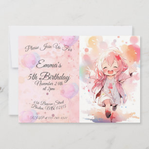 Little watercolor girl horizontal birthday kaart