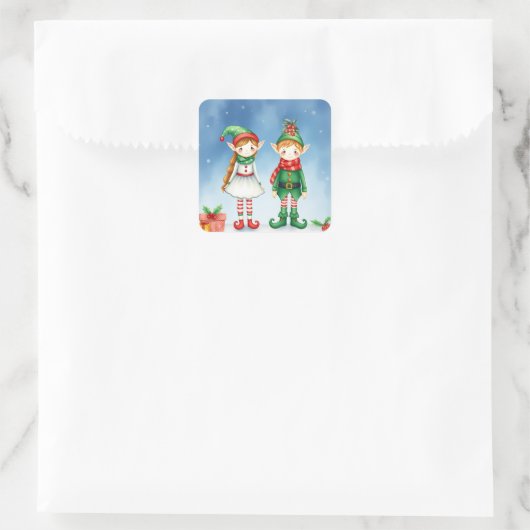 Little Waterverf Christmas Elves Vierkante Sticker (Tas)