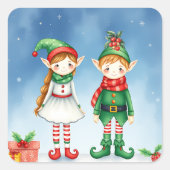 Little Waterverf Christmas Elves Vierkante Sticker (Voorkant)