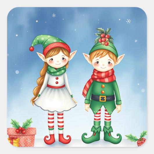 Little Waterverf Christmas Elves Vierkante Sticker (Voorkant)