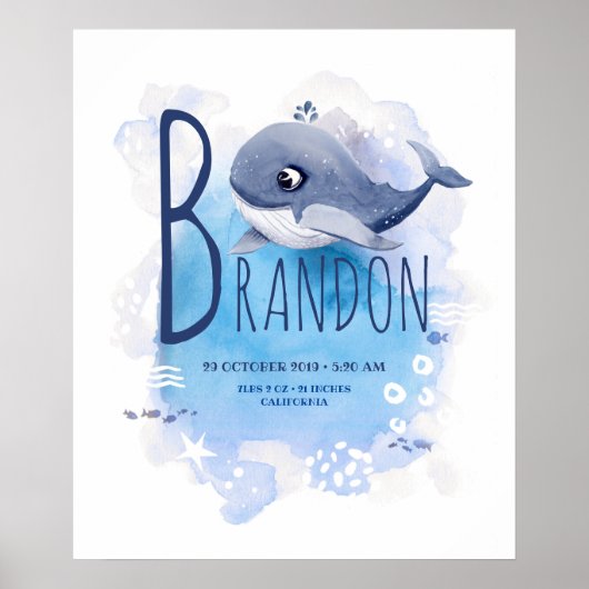 Little Whale Blue Ocean Baby Name and Birth Stats Poster (Voorkant)