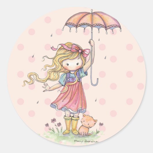 Little Whimsical Girl en Kitten in de regen Ronde Sticker (Voorkant)