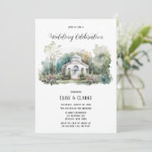 Little White Church and Florals Wedding Invitation Kaart (Staand voorkant)