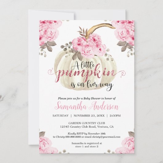 Little White Pumpkin Pink Floral Girl Baby shower Kaart (Voorkant)