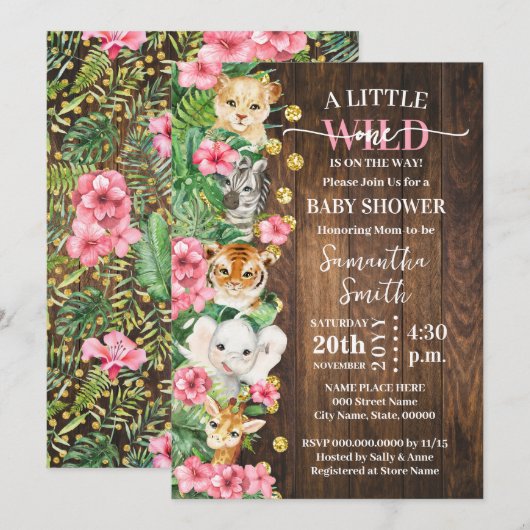 Little Wild One Rustic Safari Pink Baby Shower Kaart (Voorkant / Achterkant)