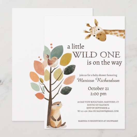 Little Wild One Safari Dieren Baby shower Kaart (Voorkant / Achterkant)