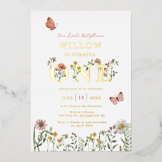 Little Wildflower 1st Birthday Gold Folie Uitnodiging (Voorkant)