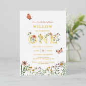 Little Wildflower 1st Birthday Gold Folie Uitnodiging (Staand Voorkant)