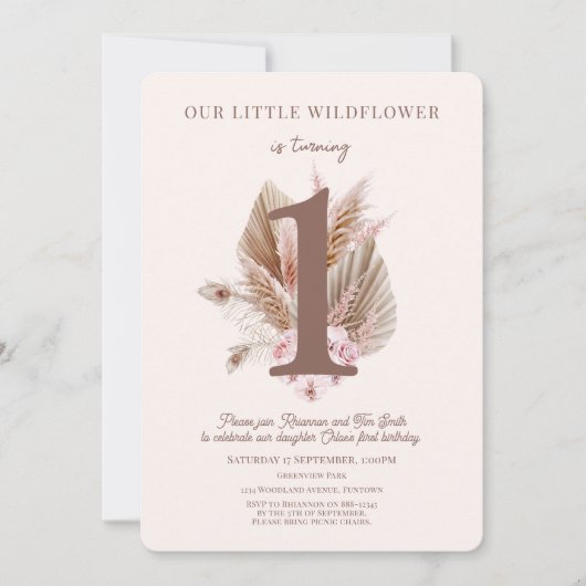 Little Wildflower 1st Birthday Invitation boho Kaart (Voorkant)