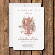 Little Wildflower 1st Birthday Invitation roze