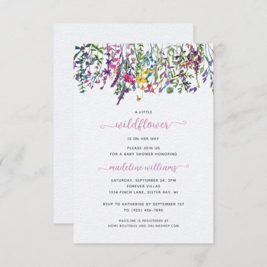 Little Wildflower Baby shower Invitation Kaart (Voorkant / Achterkant)