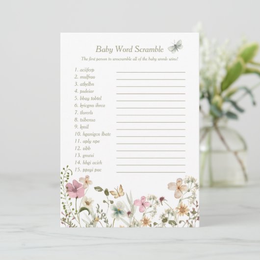 Little Wildflower Baby Word Scramble Game Kaart (Staand voorkant)