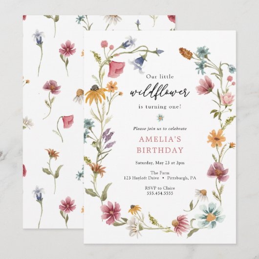 Little Wildflower Birthday Invitation Kaart (Voorkant / Achterkant)