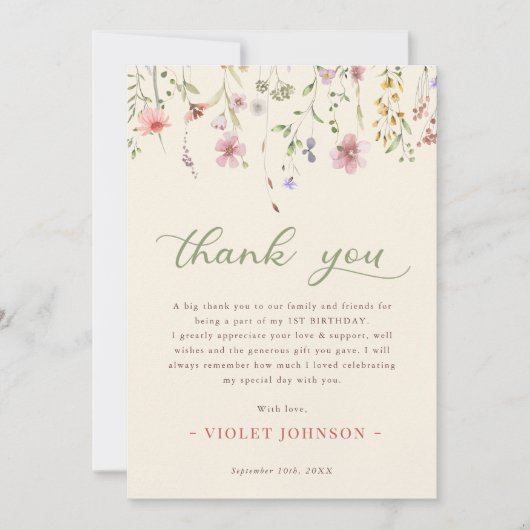 Little Wildflower Bloem 1e verjaardag Bedankkaart (Voorkant)