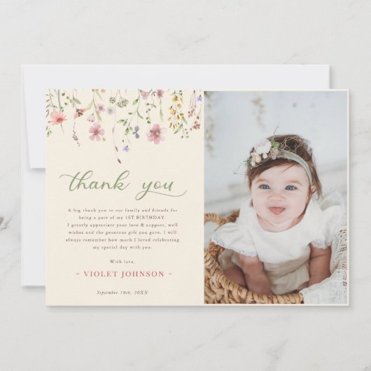 Little Wildflower Bloem 1e verjaardag foto Bedankkaart (Voorkant)