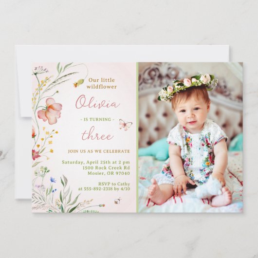 Little Wildflower Floral Baby Girl Foto Kaart (Voorkant)