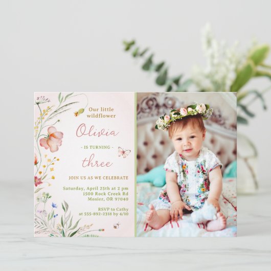 Little Wildflower Floral Baby Girl Foto Kaart (Staand voorkant)