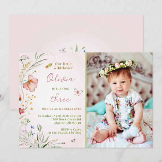 Little Wildflower Floral Baby Girl Foto Kaart (Voorkant / Achterkant)