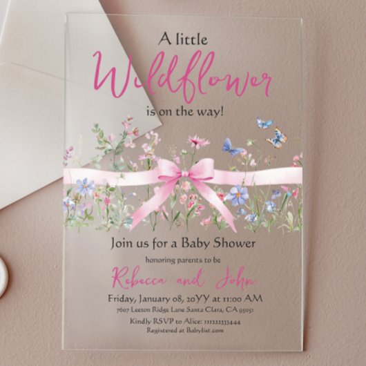 Little Wildflower Floral Girl Pink Bow Baby shower Acryl Uitnodigingen