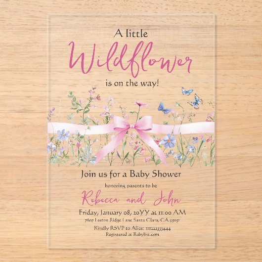 Little Wildflower Floral Girl Pink Bow Baby shower Acryl Uitnodigingen (Voorkant)